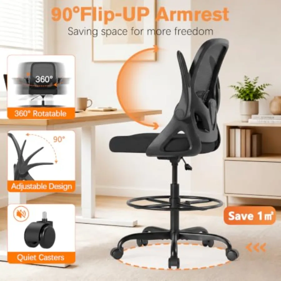 Drafting Chair, Tall Office Chair with Flip-up Arms, Mesh Ergonomic Computer Standing Desk Chair with Adjustable Height Feet Ri view 5