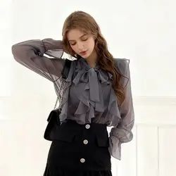 Spring Chiffon Blouse Fashion Tops Autumn Sweet Bow Shirt Casual Long Sleeve Women Clothing Elegant OL White Blusas