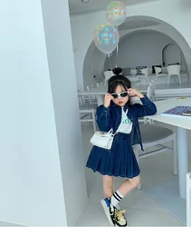 Girl Dress Suit 2022 New Spring Autumn Korean Fashion Style Sets Baby Girl Lapel Denim Shirt Solid Pleated Skirt Two Piece Suit