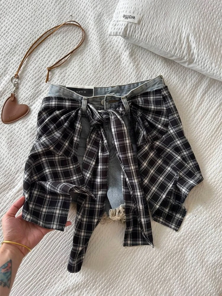 

Большой размер в американском стиле, винтажные многослойные клетчатые джинсовые шорты с занавеской, женские летние 2021, дизайнерская юбка с высокой талией, брюки