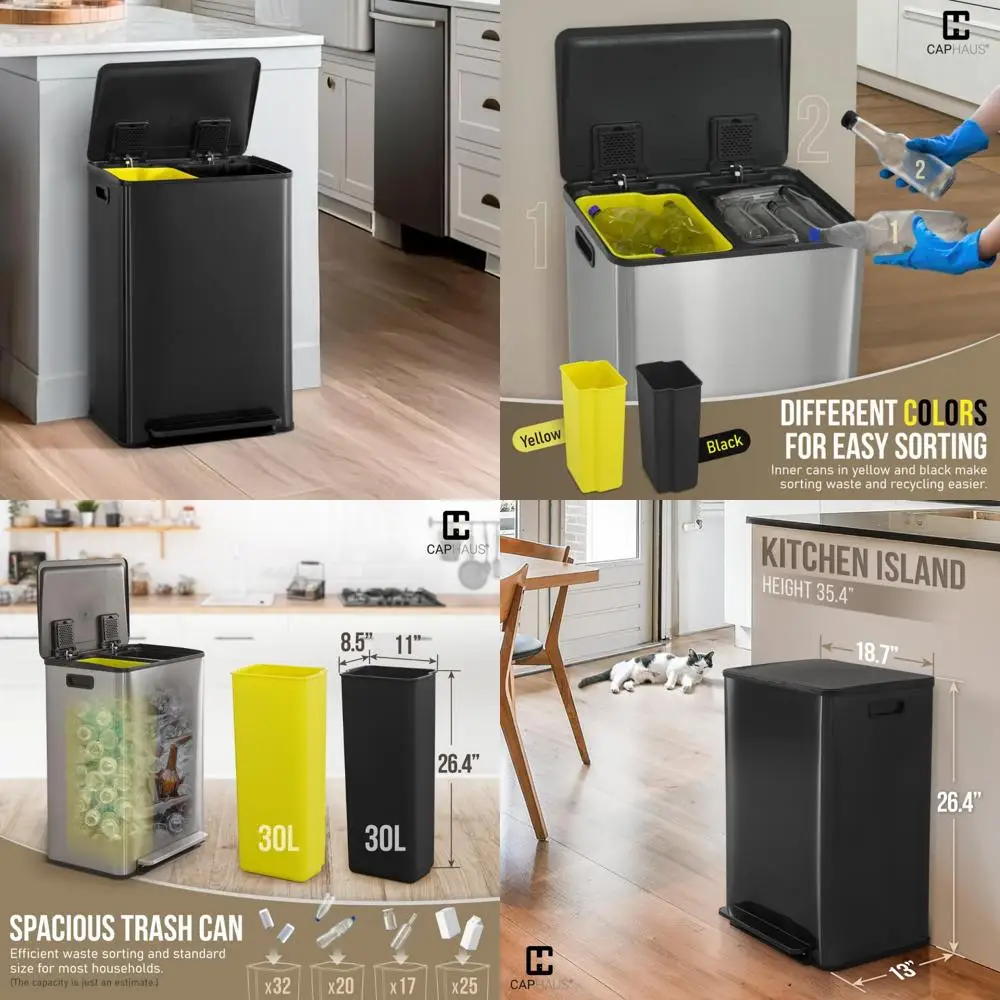 

Hands-Free Stainless Steel Dual Trash Can Combo with Single Lid for Kitchen, Garbage and Recycle Bins, Space-Saving Design