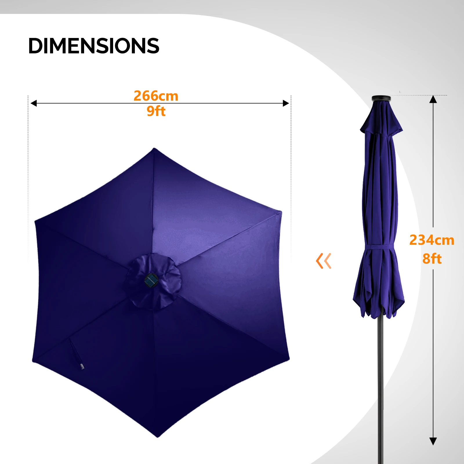 9ft Solar LED Patio Umbrella with Push Button Tilt & Crank, 6 Ribs Waterproof Polyester Outdoor Market Table Umbrella for Garden Backyard Pool, Navy Blue