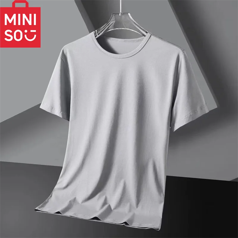 MINISO round neck ice silk men\'s short sleeved T-shirt summer men\'s solid color ice feeling base shirt