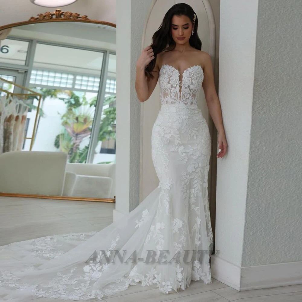 Anna Classic Strapless Wedding Dresses for Women Bride Lace Appliques Mermaid Court Train Lacing Up Vestido De Casamento