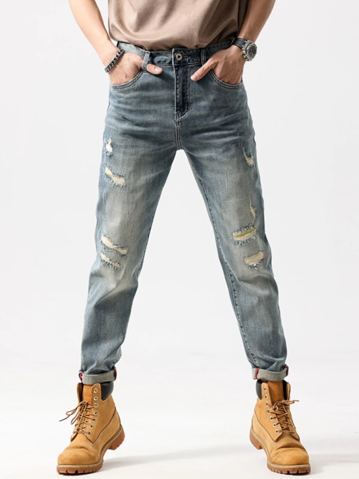 

Мужские джинсы свободного кроя в стиле ретро с пэчворком, износостойкие, для весны и осени, модель Micro Cone Harlan, светло-голубые, длинные брюки