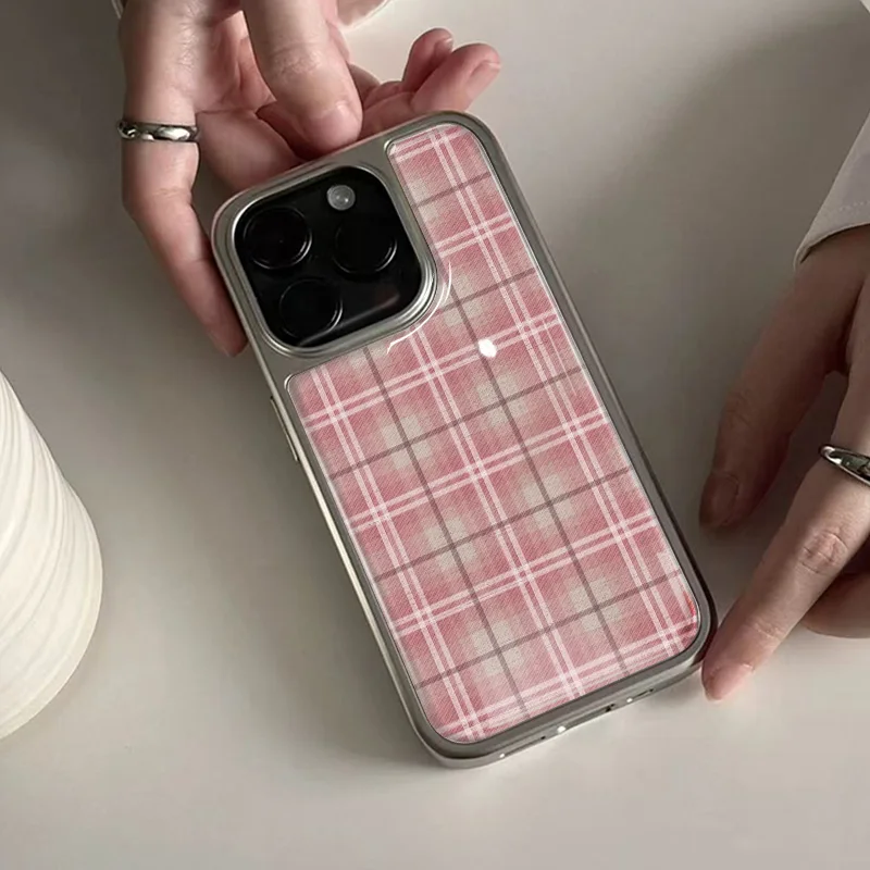 Hochwertige rosafarbene Handyhülle mit Karomuster für iPhone 11/12/13/14/15/16/17 Pro Max AIR PLUS Hydrogel-Schale