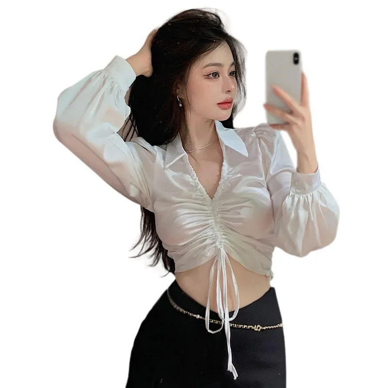 Women\'s Shirt Solid Color Drawstr Slim Sexy Blouse Korean Version V Neck Shirts