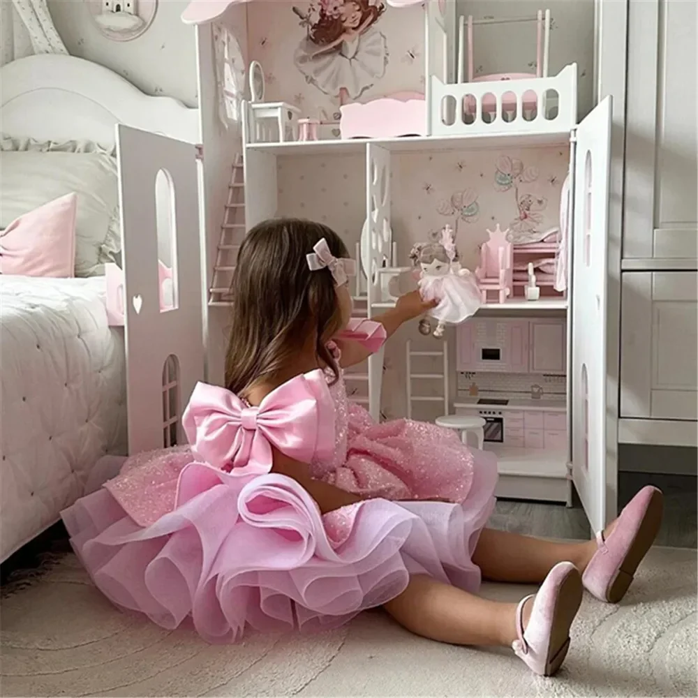 

Customized Pink Flower Girl Dresses For Wedding Sequins With Bow Knee Length Cute Princess Birthday Party Fir