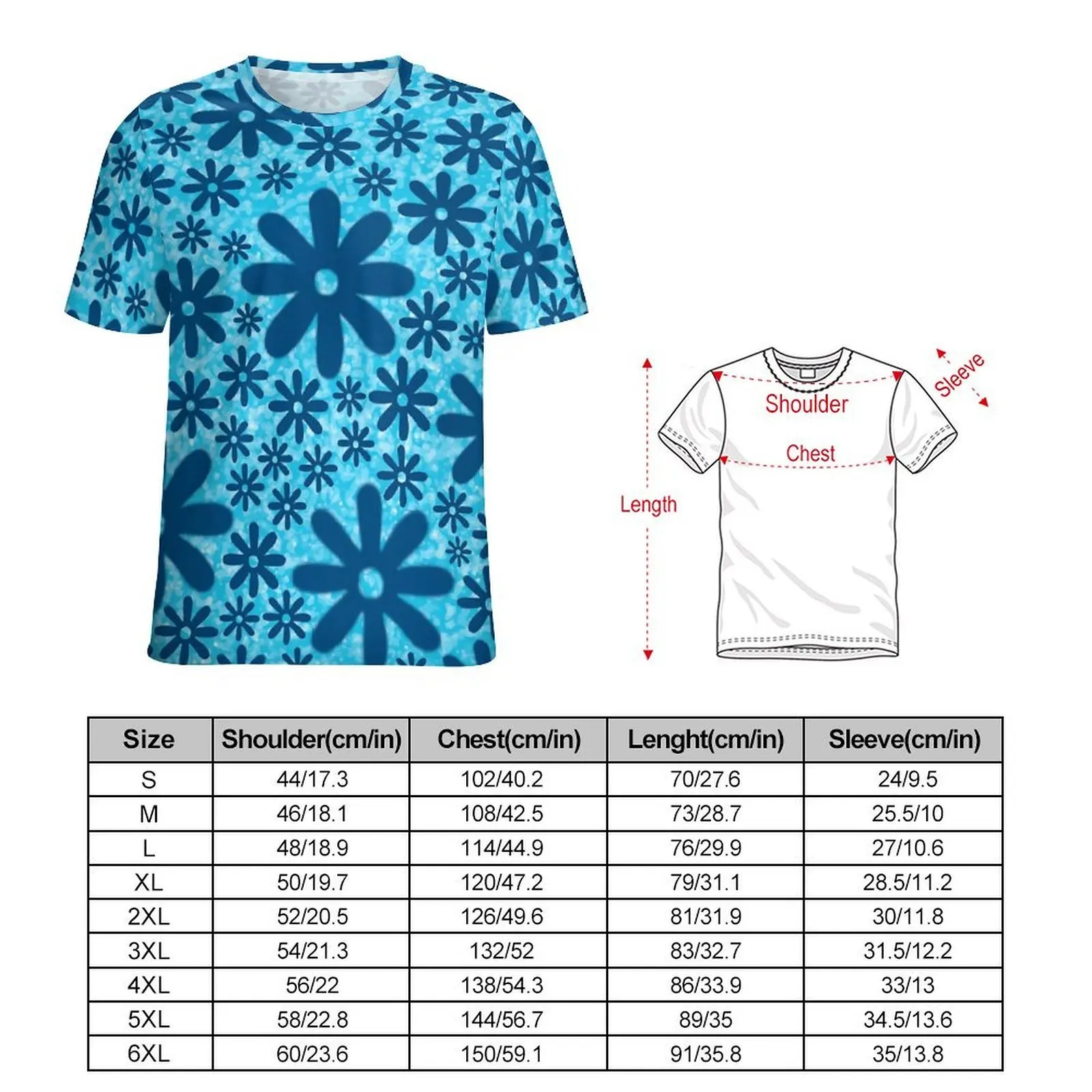 Blue Daisy Print T-Shirt Retro Flowers Fashion T-Shirts Man Funny Tee Shirt Summer Short-Sleeved Design Tops Large Size
