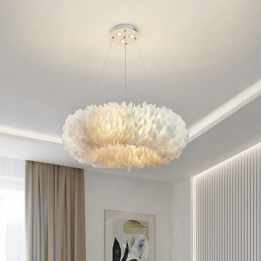 Nordic Goose Feather LED Chandelier Elegant Living Room Pendant Light Home Decor Dining Room Bedroom Parlor Hanging Lamp