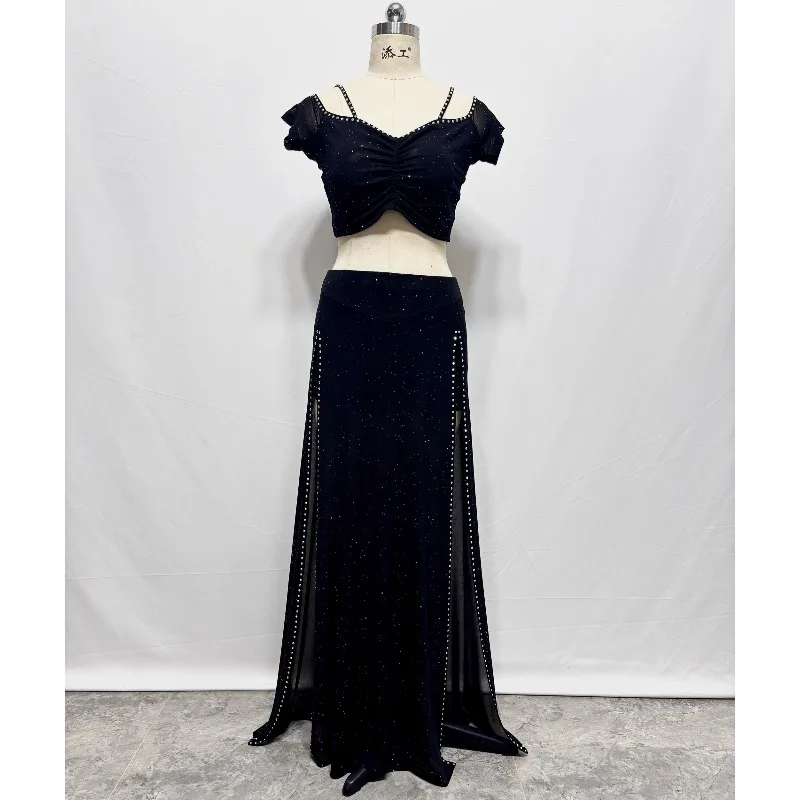 customized belly dance suit mesh performance outfit practice dress group Competition uniform women's double slit skirt top 2pcs