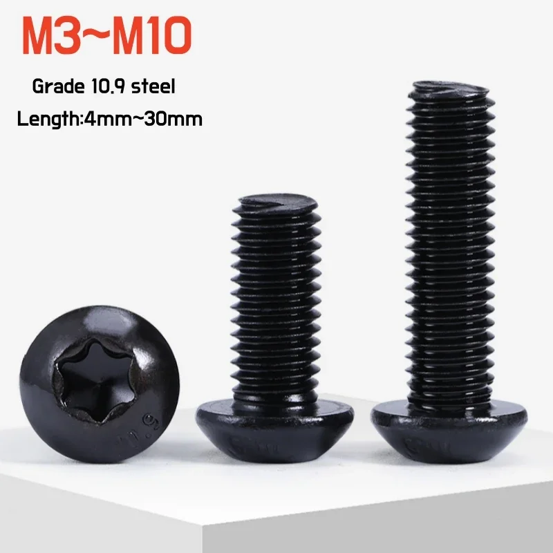 

2~50pcs M3 M4 M5 M6 M8 M10 Black Torx Button Head Screw Grade 10.9 steel Six Lobe Torx Pan Round Head Bolt Length 4mm~30mm