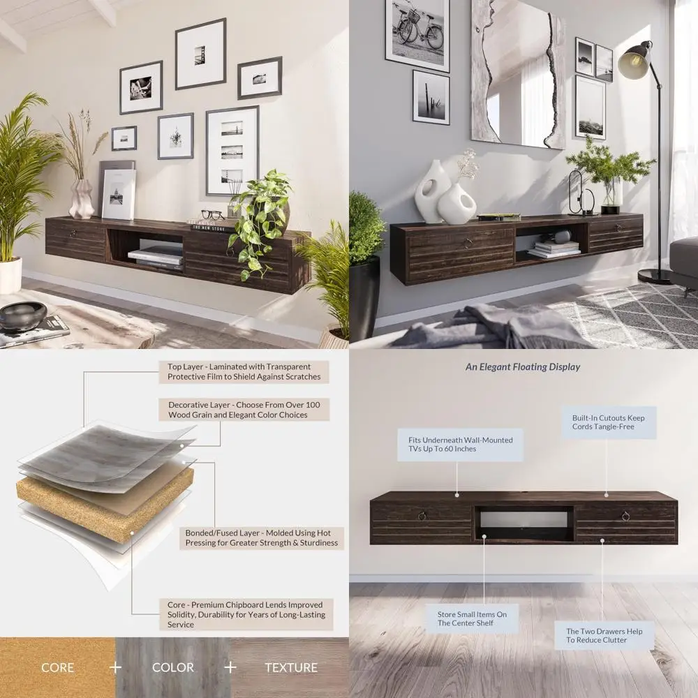 

Contemporary 63 Inch Wall-Mounted TV Console with Integrated Shelf and Storage Compartments for Space-Efficient Decor