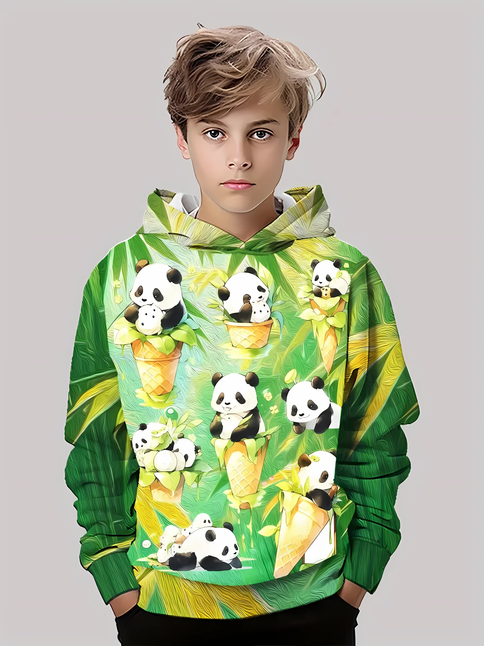 سترة بغطاء للرأس جديدة مريحة للأطفال لخريف 2025 ثلاثية الأبعاد مطبوعة على آيس كريم الباندا بلوفر غير رسمي وعصري