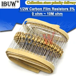50 pz 1/2 W Resistori a Film di Carbonio 1R ~ 2.2M 100R 220R 330R 1K 5% 2.2K 3.3K 4.7K 10K 22K 47K 100K 100 220 330 1K5 2K2 3K3 4K7 ohm