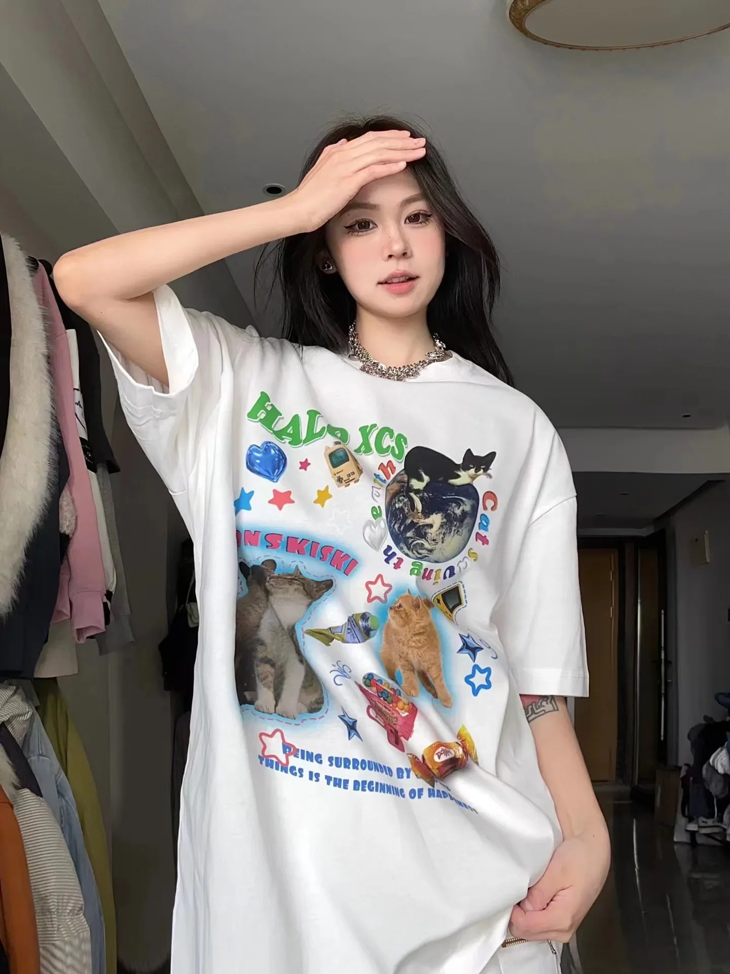 

Planet Cat Cat Loose Harajuku Short-sleeved T-shirt American Simple Round Neck Loose Short-sleeved Top Female Goth Tops