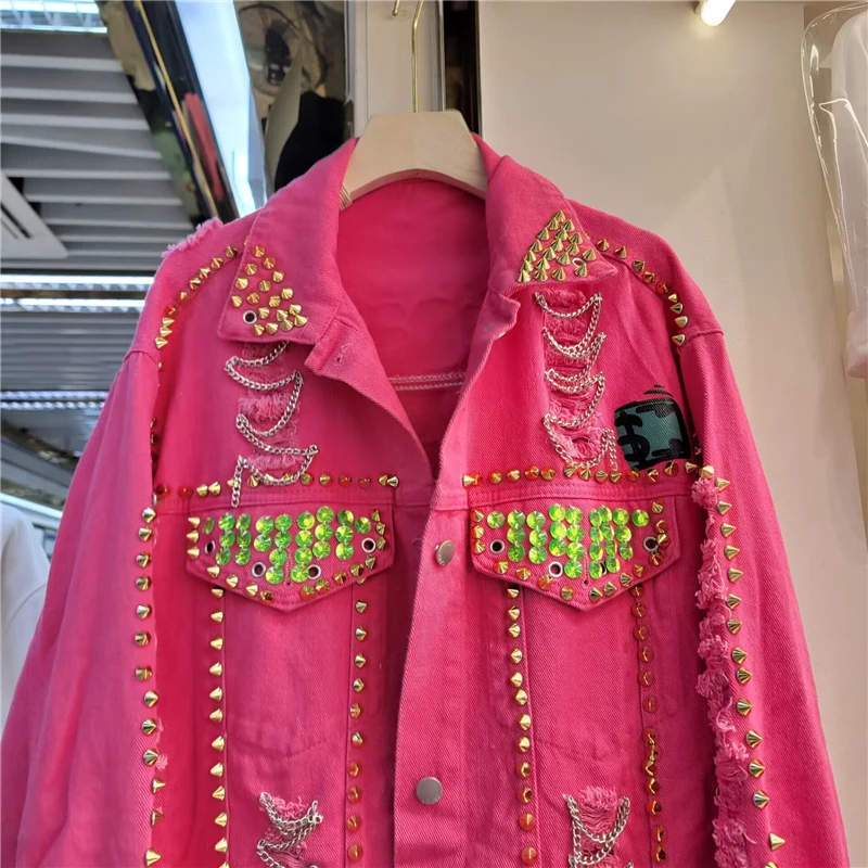 RapWork-Veste en jean à rivets pour femme, vêtement en denim, couleur rose, rouge, blanc, avec grandes poches