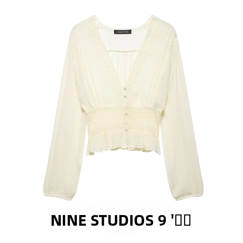 

NINE ZAR Women's Slim Fit irt V-Ne Lace Waist-Cinching Button Decorated Thin Veil Long Sve European Sle Faion