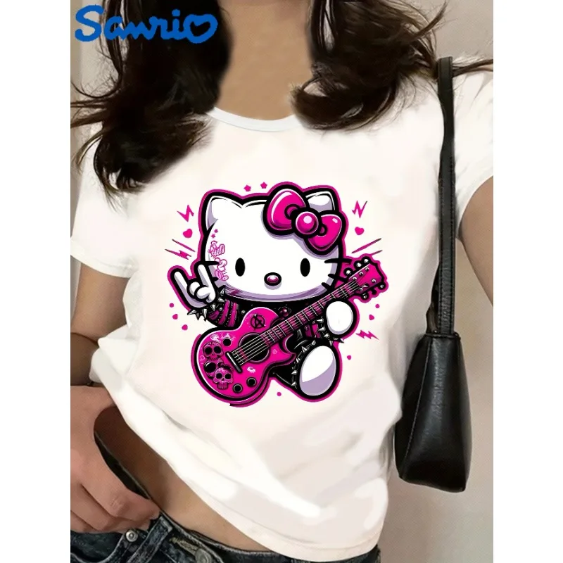 

Sanrio's Hello Kitty Electric Guitar Printed Women's T-Shirt Casual Short Sleeve Spring/Summer Fashion Pattern Cotton Y2K Top