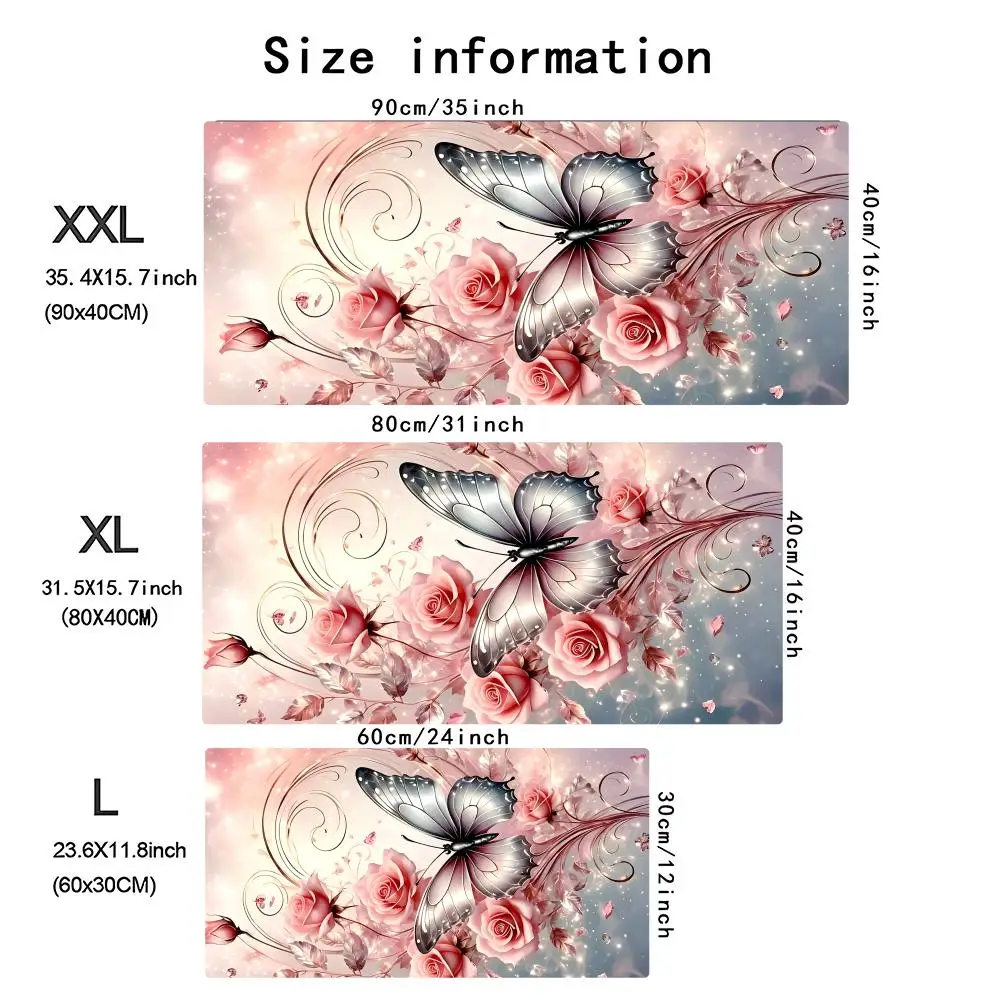 Pink Rose Black Butterfly Large Desk Mat Non Slip Stitched Edge Aesthetic Gaming Mouse Pad for Laptop Office Gaming view 4