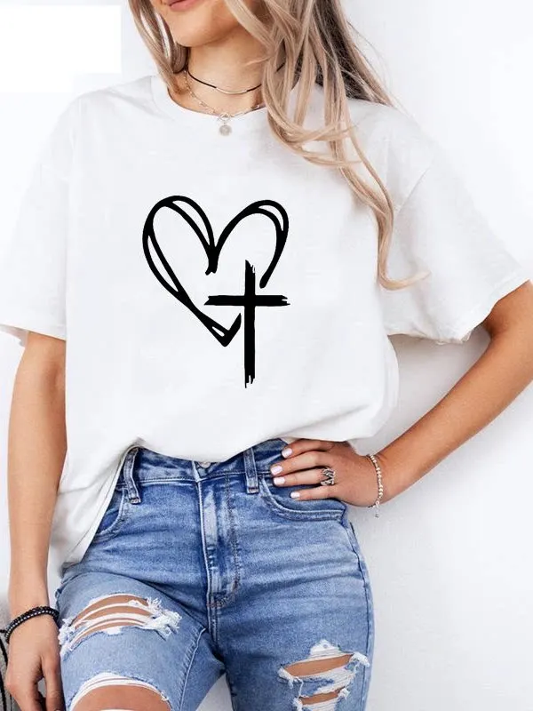 Faith Women's T-Shirt - Blessed Clothes - Cross-shaped Fashion Casual Luxury Top - 100% Cotton Summer T-Shirt