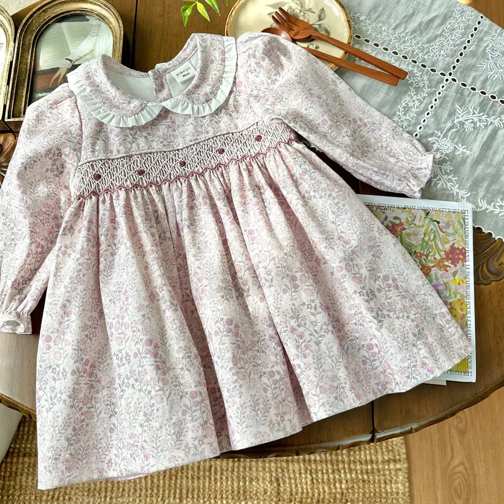 French countryside style long sleeved dress Sweet autumn girls' floral patterns hand embroidered high-quality dress