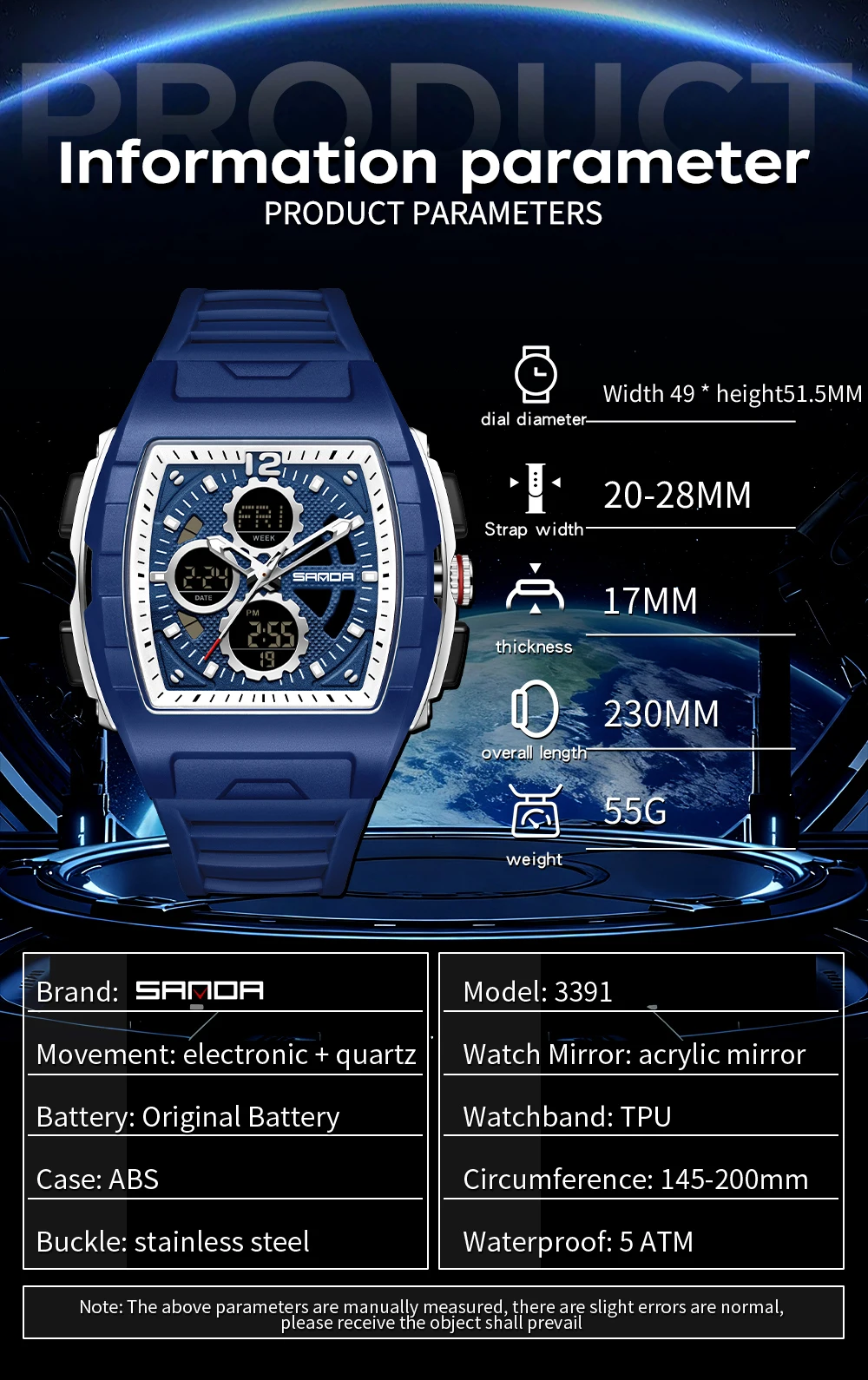 SANDA 3391 ساعة كوارتز إلكترونية عصرية للرجال بتقويم مضيء ومضادة للصدمات وساعة يد رياضية مقاومة للماء للرجال #4