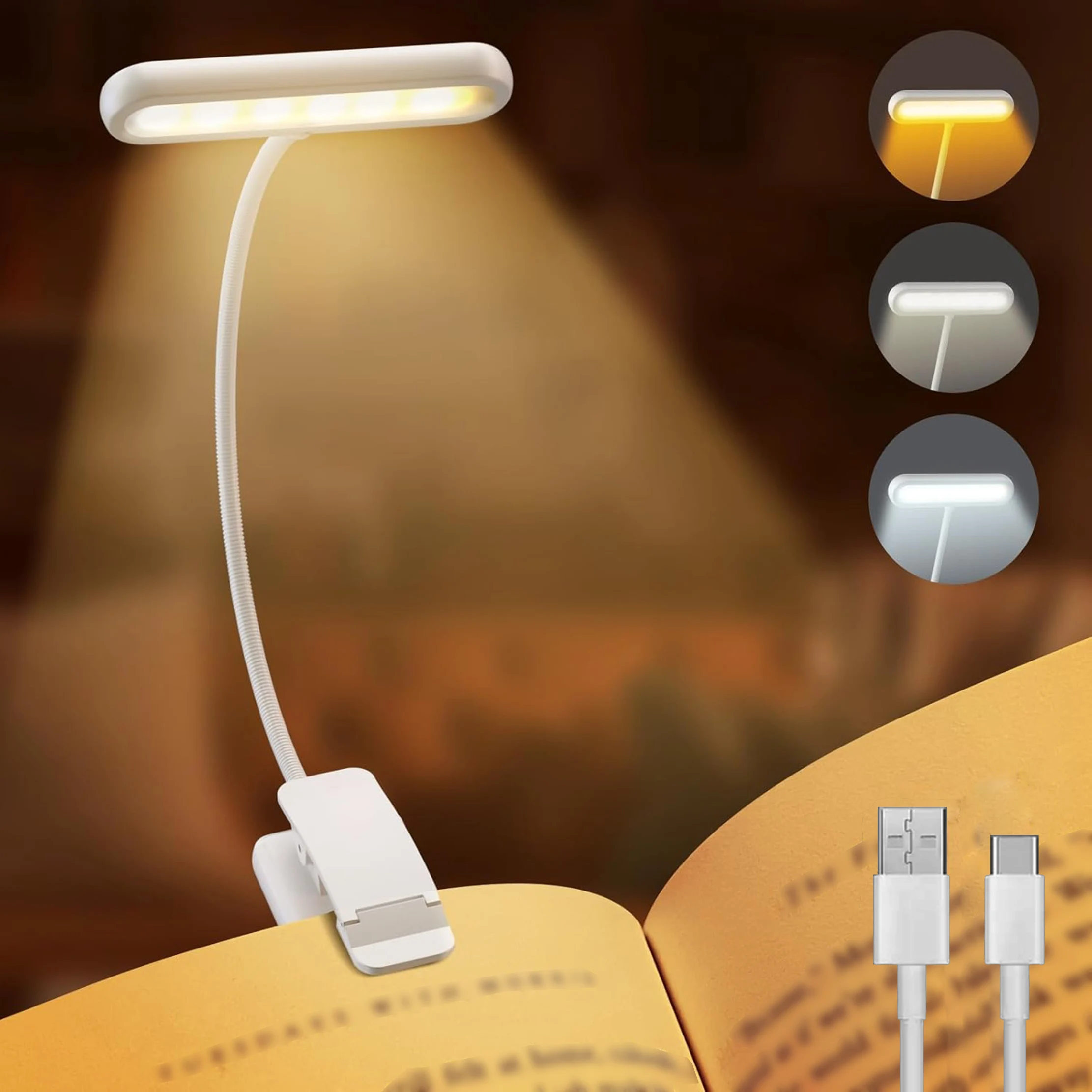 

USB перезаряжаемая светодиодная лампа для чтения, портативная лампа для чтения с зажимом для книг 360° ° Гибкий и удобный в клипсе ночник с регулируемой яркостью