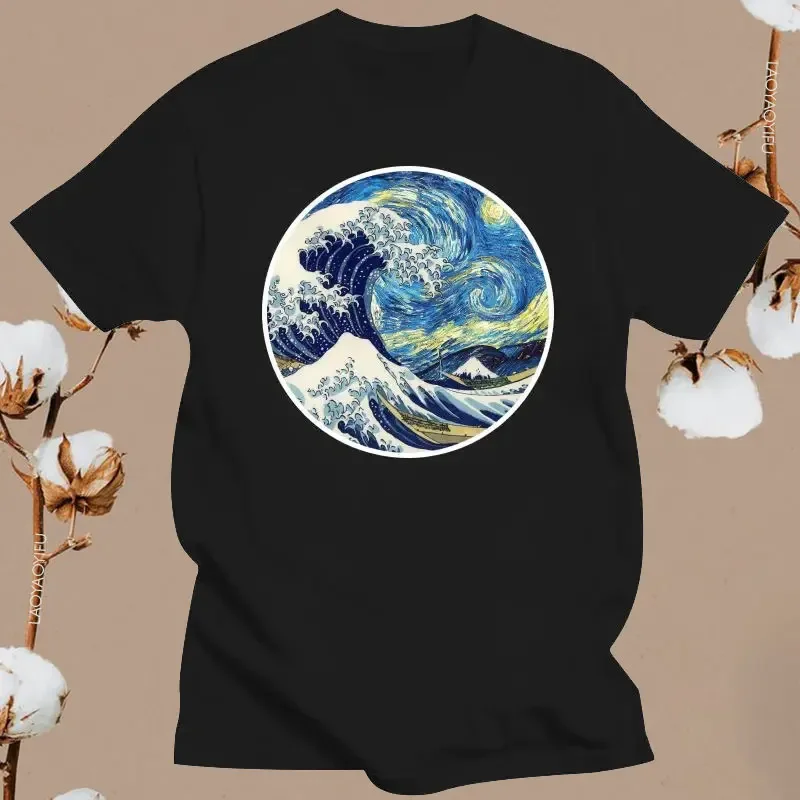 

Hokusai Great Wave Off Kanagawa Van Gogh Starry Night Oil Graphic T Shirts New The Great Wave on A Starry Night Cotton T Shirt