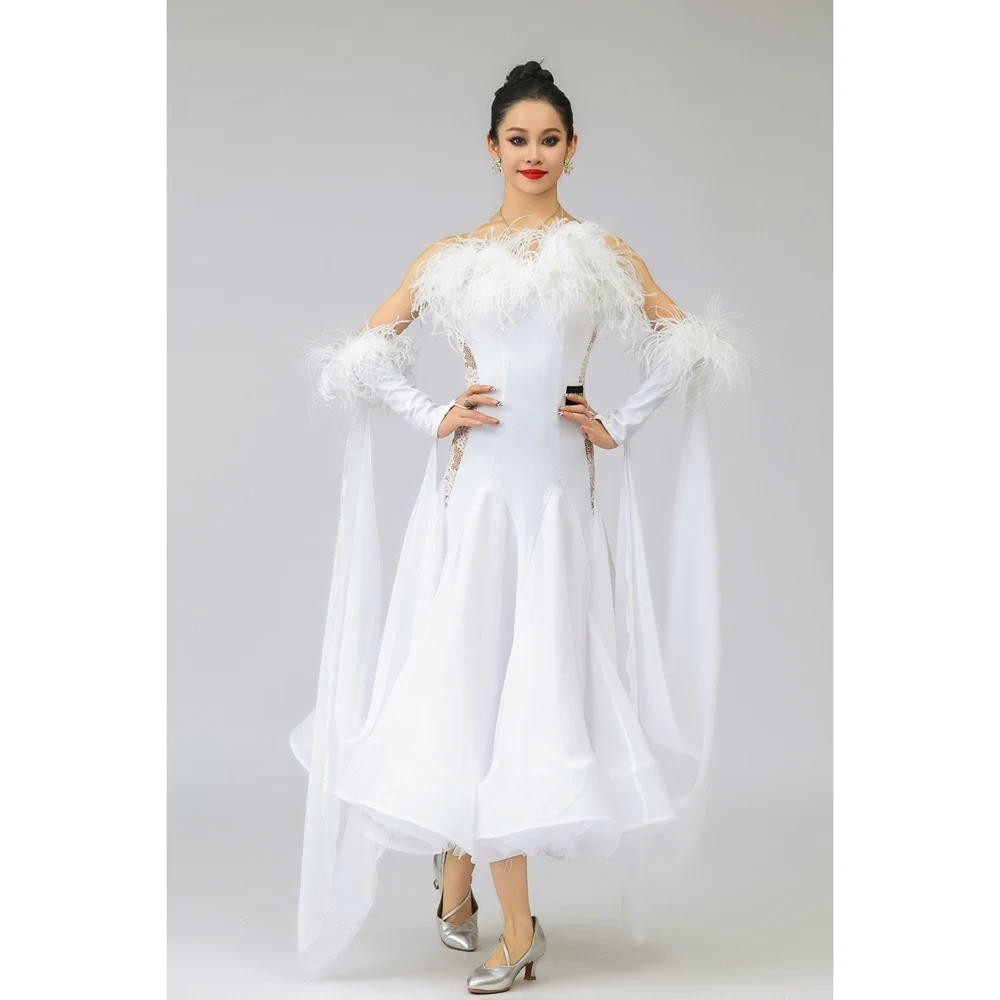 White Ballroom Dance Competition Dress Women Fairy Feather Dress Prom Waltz Dance Dress Performance Costume Stage Wear BL14736