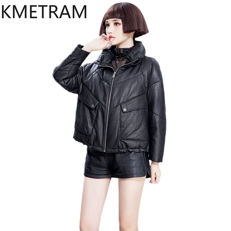 KMETRAM Real Sheepskin Leather Down Jackets Women Stand Collar Short Coat Casual Leather Puffer Jacket Winter Woman Clothes 2026