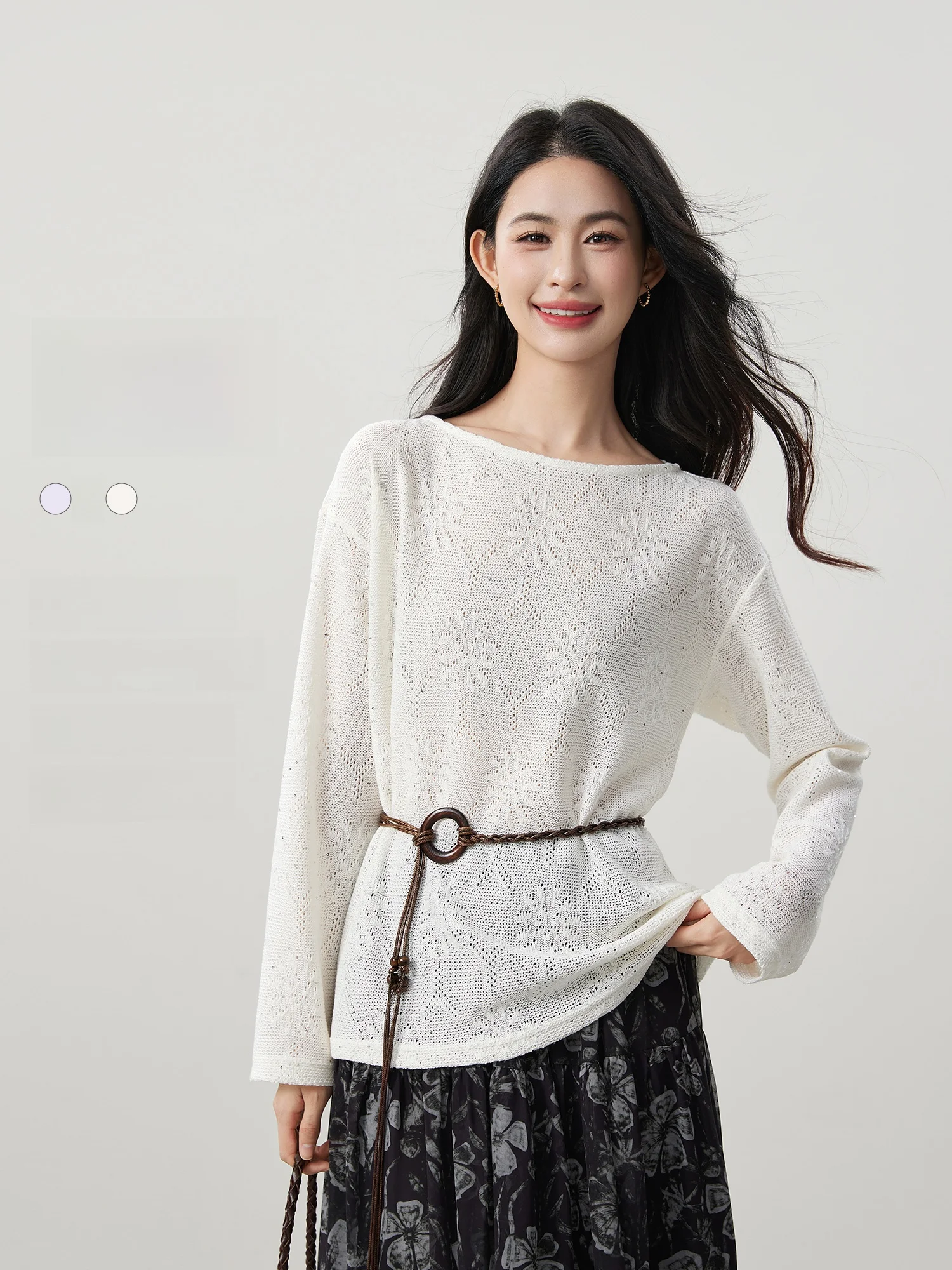 

Вязаный свитер Ele с бусинами и цветами, связанными крючком, для женщин от MIJOR, из мягкого полиэфирного волокна, с длинными рукавами, свободного кроя