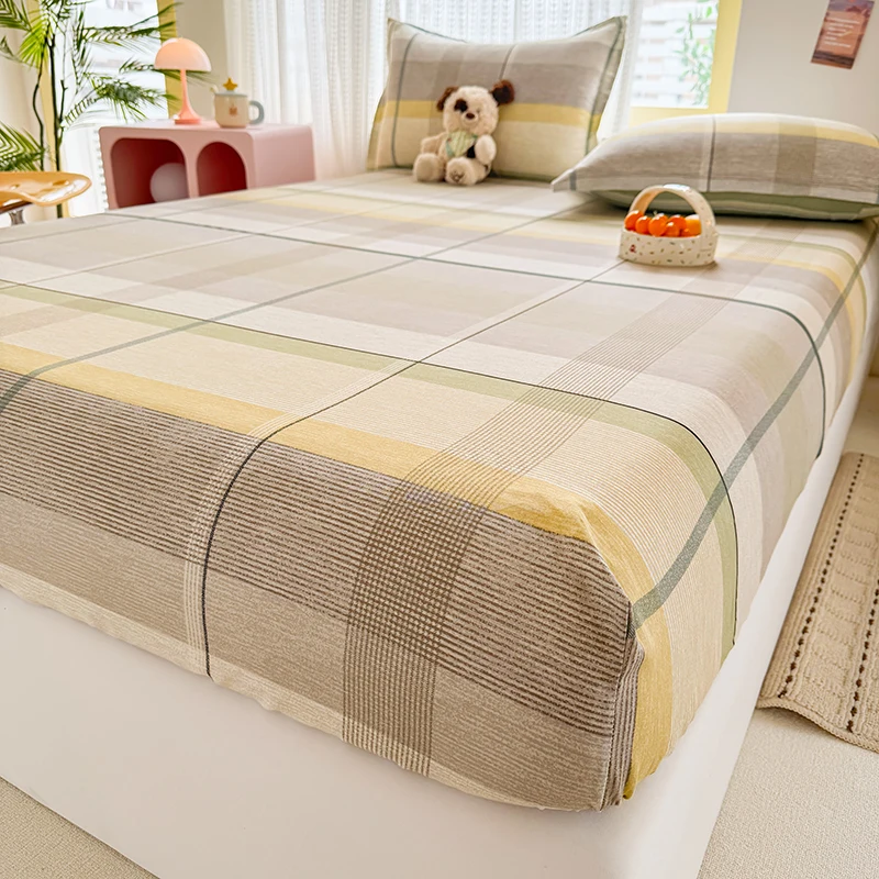 

Мягкая простыня на резинке из 100% хлопка с эластичной резинкой, в клетку/полоску, для односпальной/двуспальной/королевской кровати, пододеяльник 90 см.