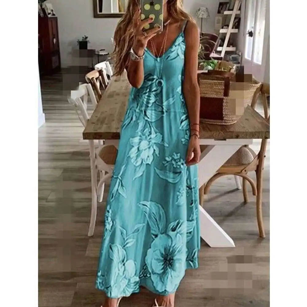 Summer Beach Dress Sexy Sleeveless Spagetti Strap Dress Print V Neck Boho A Line Dresses For Lady Vestido Mujer