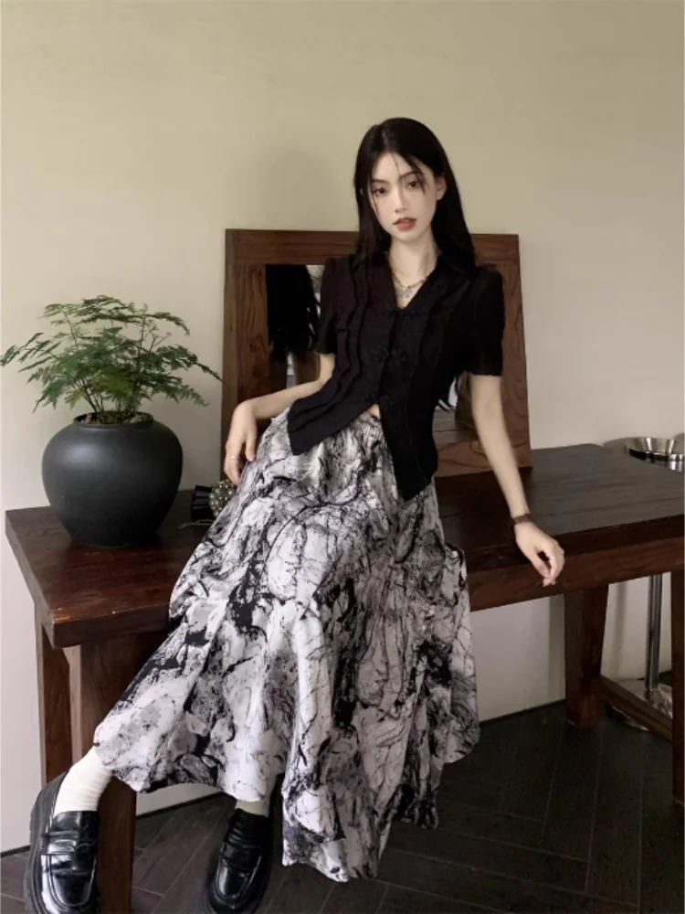 Ensemble de cardigans noirs à manches courtes pour femmes, jupes mi-longues boutonnées, taille haute, ligne A, style chinois vintage, été chic