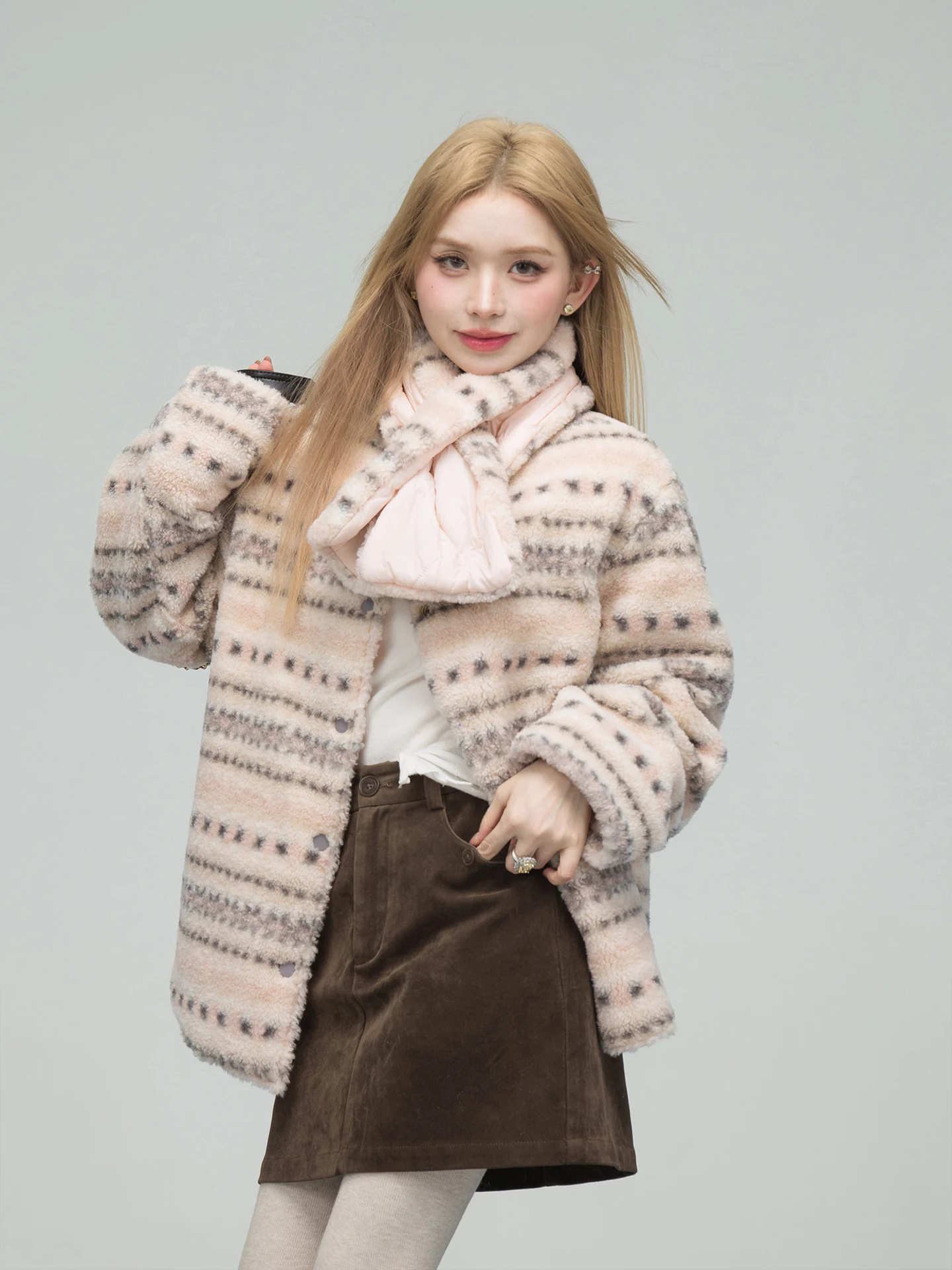 

Розово-розовая двусторонняя хлопковая куртка Fair Isle с шарфом, длинными рукавами, свободного кроя, женская модная верхняя одежда