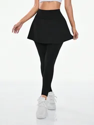 Conjunto falso de dos piezas de color liso con bolsillos, medias abdominales de cintura alta con Falda corta, pantalones de falda de yoga de baile informales para mujer