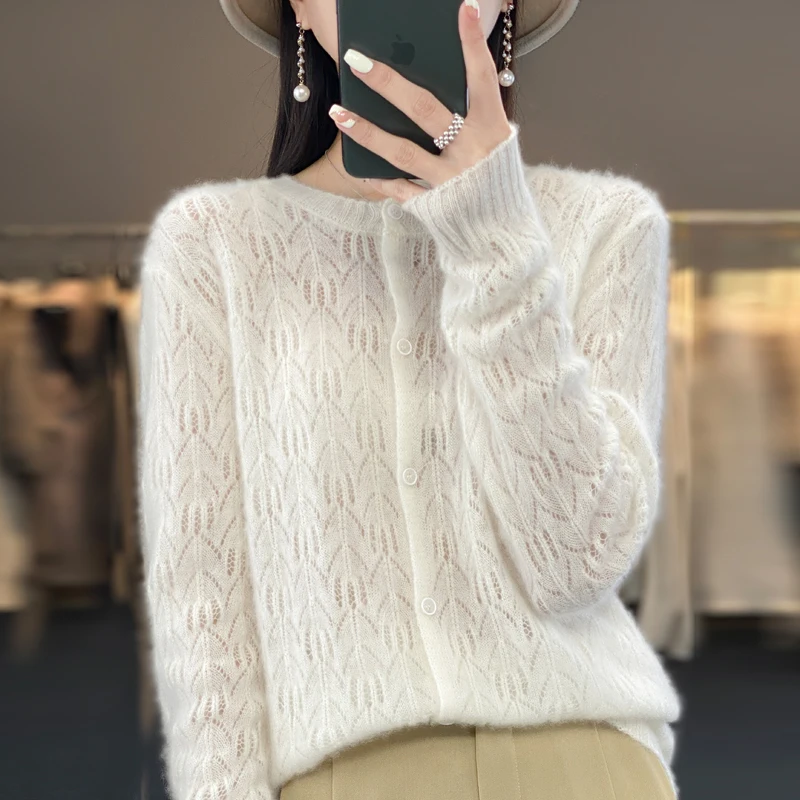 

Spring and Autumn 2023 New 100 Pure Wool Cardigan Sweater Female Retro Crewneck Thin Loose Hollow Knit Coat Top