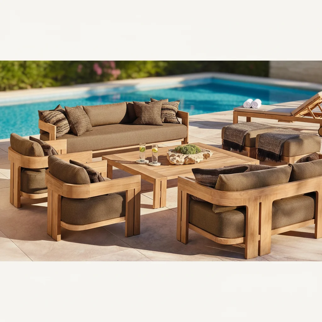 

Luxury Teak Garden Sofa Villa Patio Furniture Set Modern Resort Luxury Couche Hotel Patio Outdoor Sofa Outdoor Furniture Set