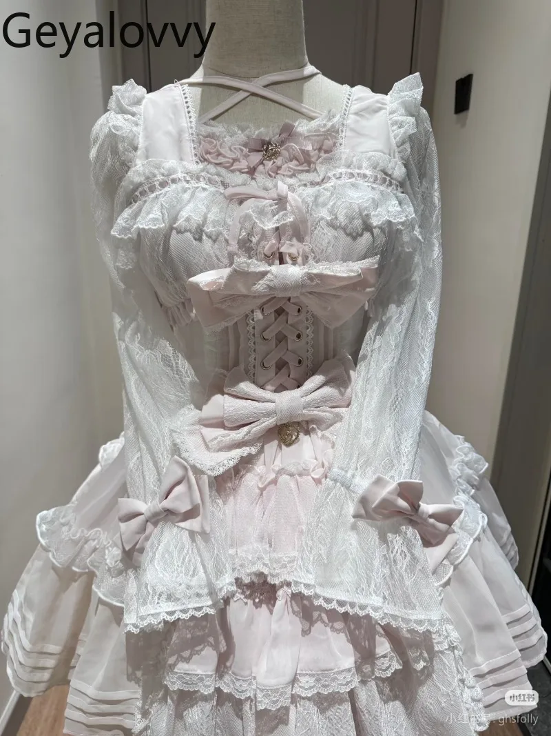 النمط الياباني الإنتاج الضخم جديد الحلو لطيف الفتيات عالية الخصر سليم صالح فستان بكم طويل لوليتا الدانتيل المرقعة القوس فستان قصير #1