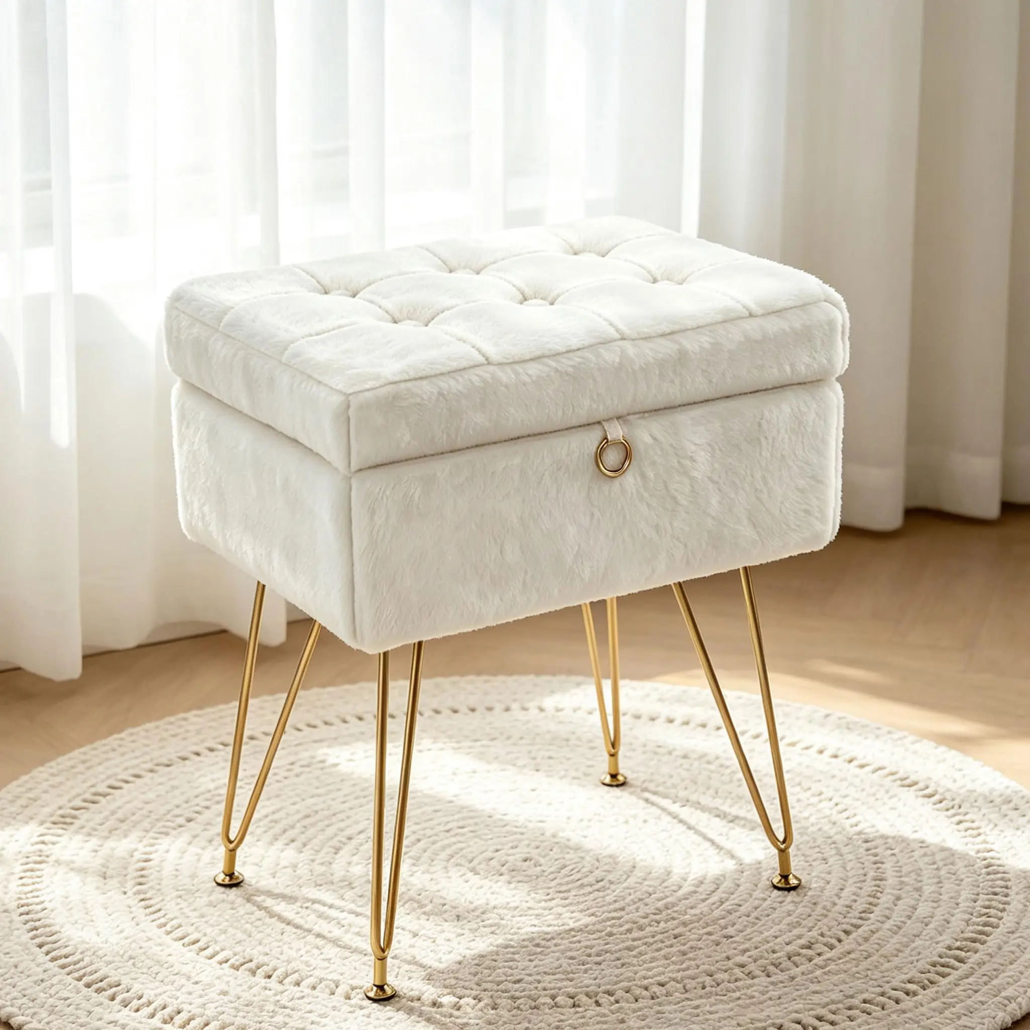 Tabouret de rangement pour coiffeuse en fausse fourrure, siège de maquillage capitonné de 15,7 pouces, coussin en mousse à mémoire de forme, pieds en métal doré avec pieds antidérapants.