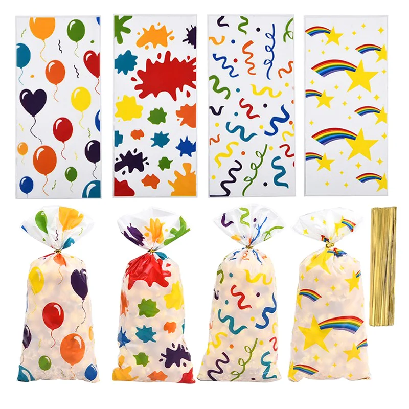 50pc Colorful Ribbon Balloon Doodle Pattern Gift Pack Flat Pocket, Rainbow Printed Wedding Graduation Party Gift Small Candy Bag