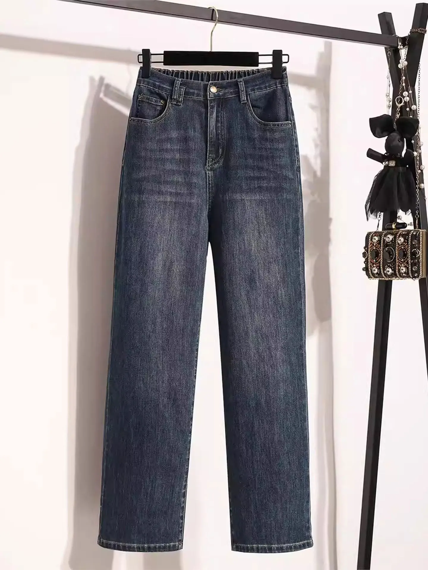 

Retro Deep Blue Denim Jeans Women's Spring plus Size High Waist Hip Covering Straight Leg Pants Casual Sle Ladies Jeans