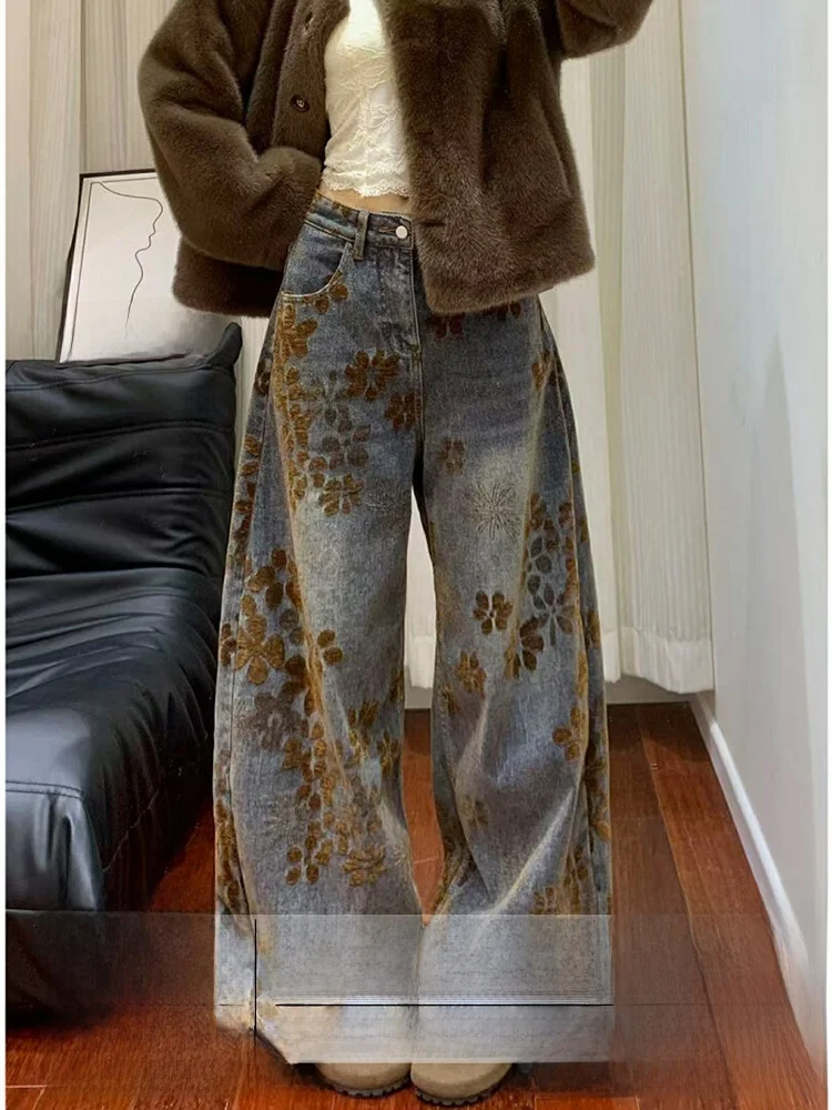 

Бархатные широкие джинсы с цветочной вышивкой в стиле ретро, женские повседневные прямые длинные брюки с высокой талией для похудения, осень-зима, новый Sle