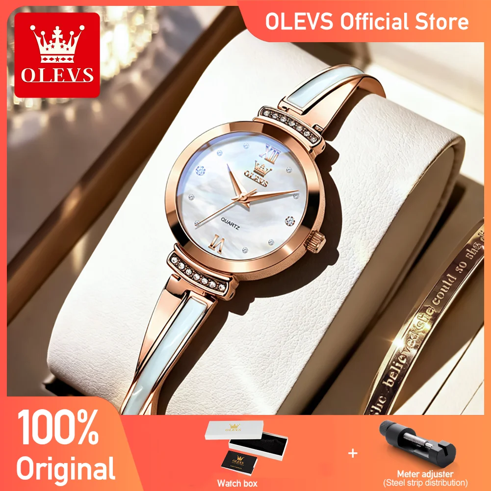 OLEVS 7140 Elegance Quartz Movement Watch For Women Natural Pearl Diamond Dial 30m Waterproof Fashion Watch Slim Design Watch