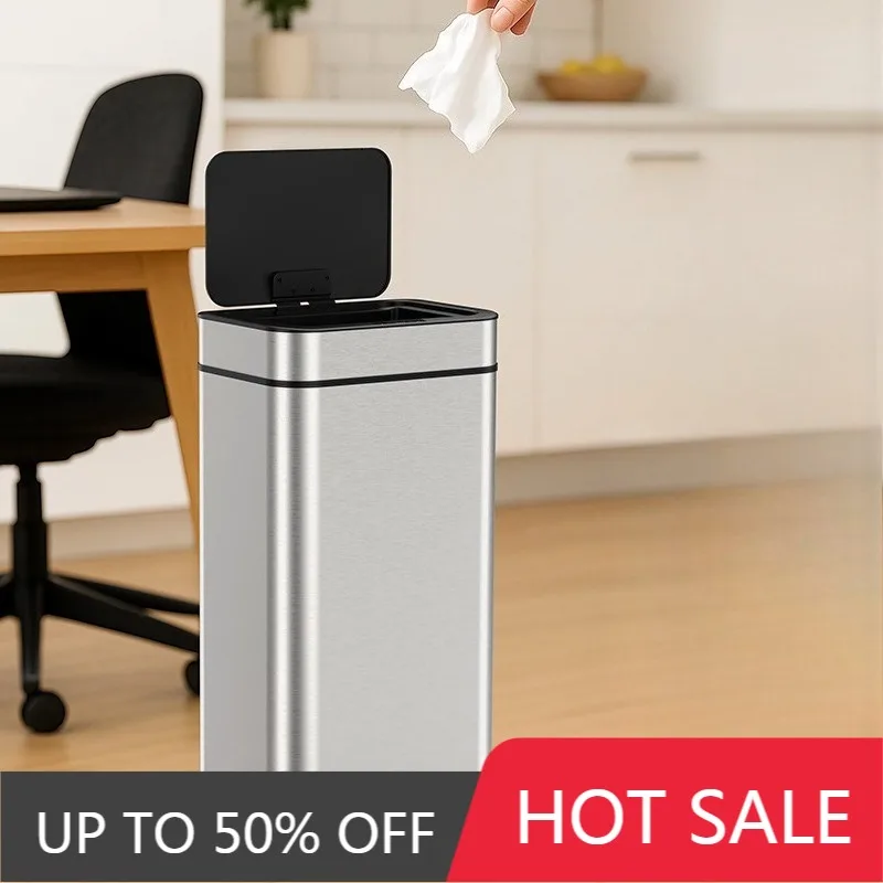 Automatic Sensor Trash Can Large 50L Luxury Kitchen Stainless Steel Wastebin Minimalist Living Room Litter Bins Kitchen Items