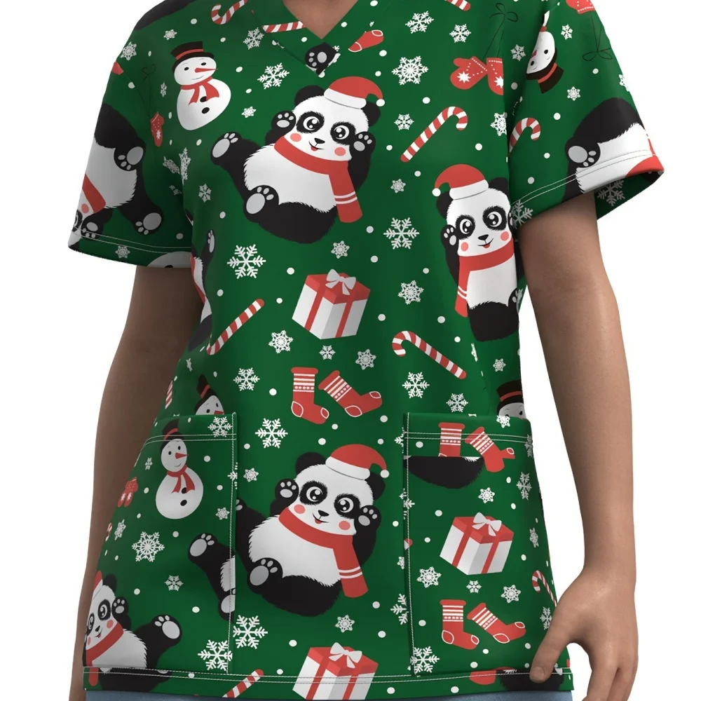 New Christmas Surgical Uniforms Woman Vet Dental Medical Uniform Microstretch V-Neck Short-Sleeve Tops Women's Medical Uniforms