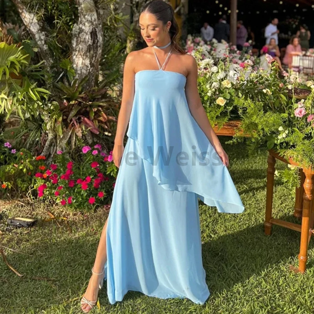 Chiffon Prom Dress Strapless Tiered Formal Evening Gown Customize