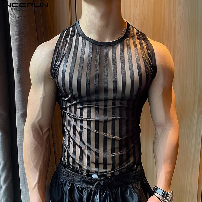 Fashion Casual Style Tops INCERUN Men Sexy See-through Striped Vests Summer Male Hot Sale Thin Sleeveless O-neck Tank Tops S-5XL