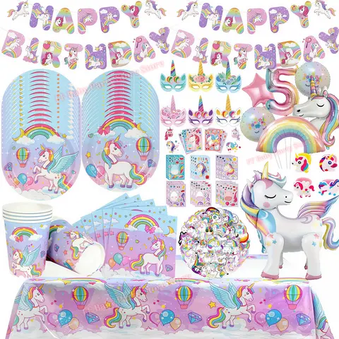 Assiettes et gobelets de décoration pour fête d'anniversaire licorne pour filles, ballons 3D licorne Joyeux 1er Anniversaire, cadeaux pour enfants, fournitures pour mariage et baby shower